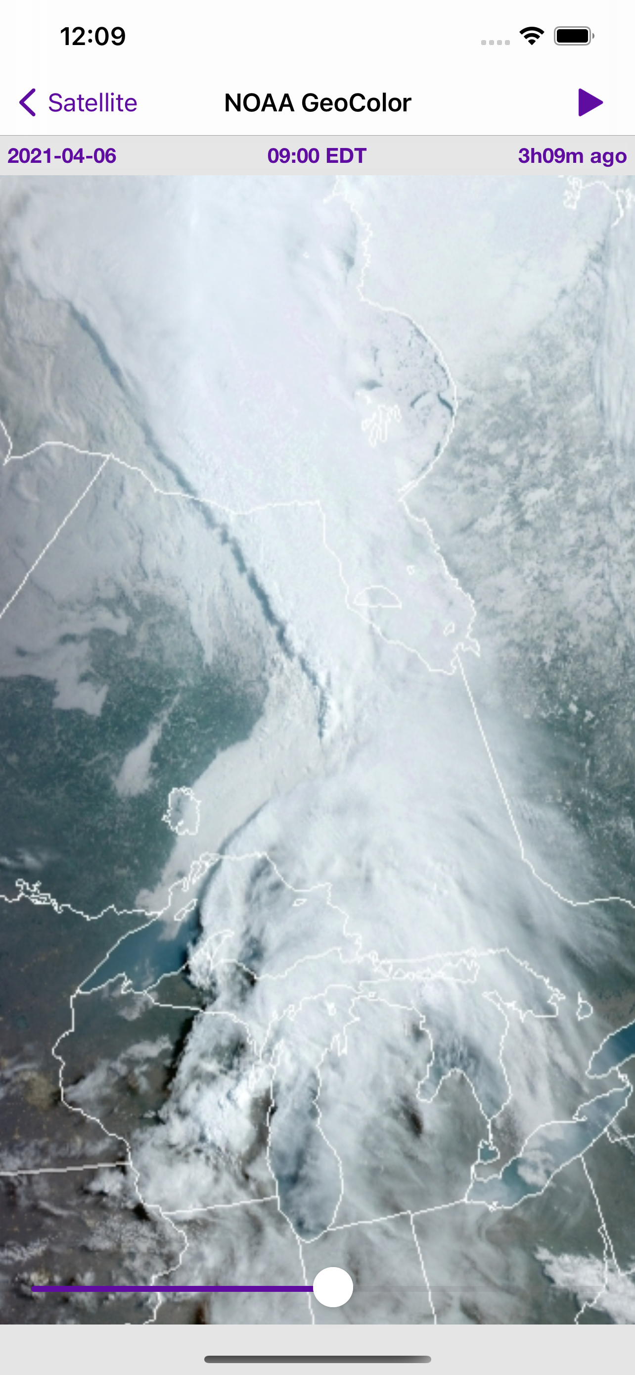 NOAA GeoColor satellite view of eastern Canada