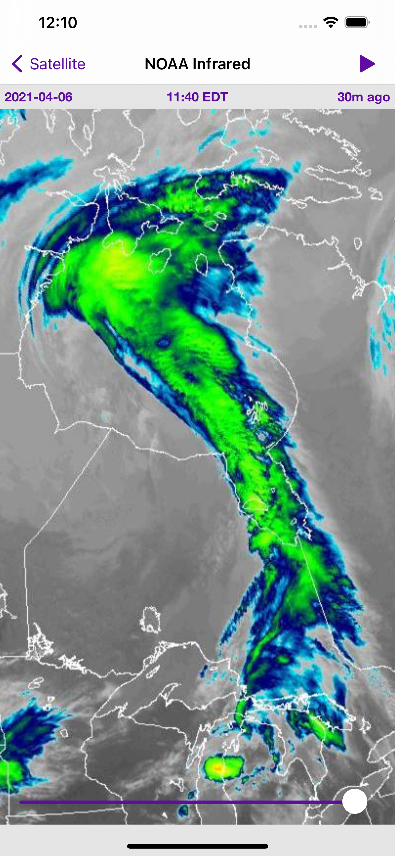 NOAA infrared satellite view showing a storm system