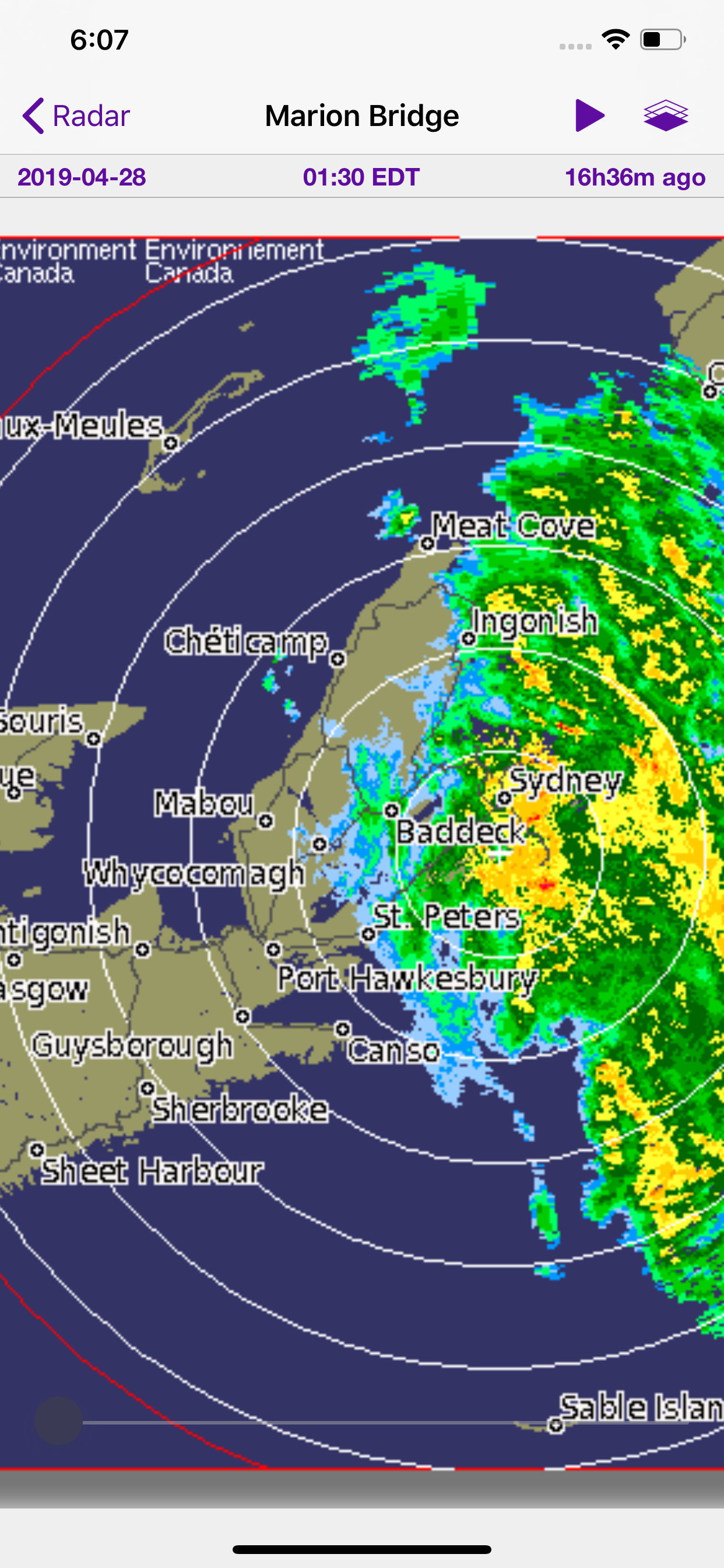 Marion Bridge radar station showing precipitation
