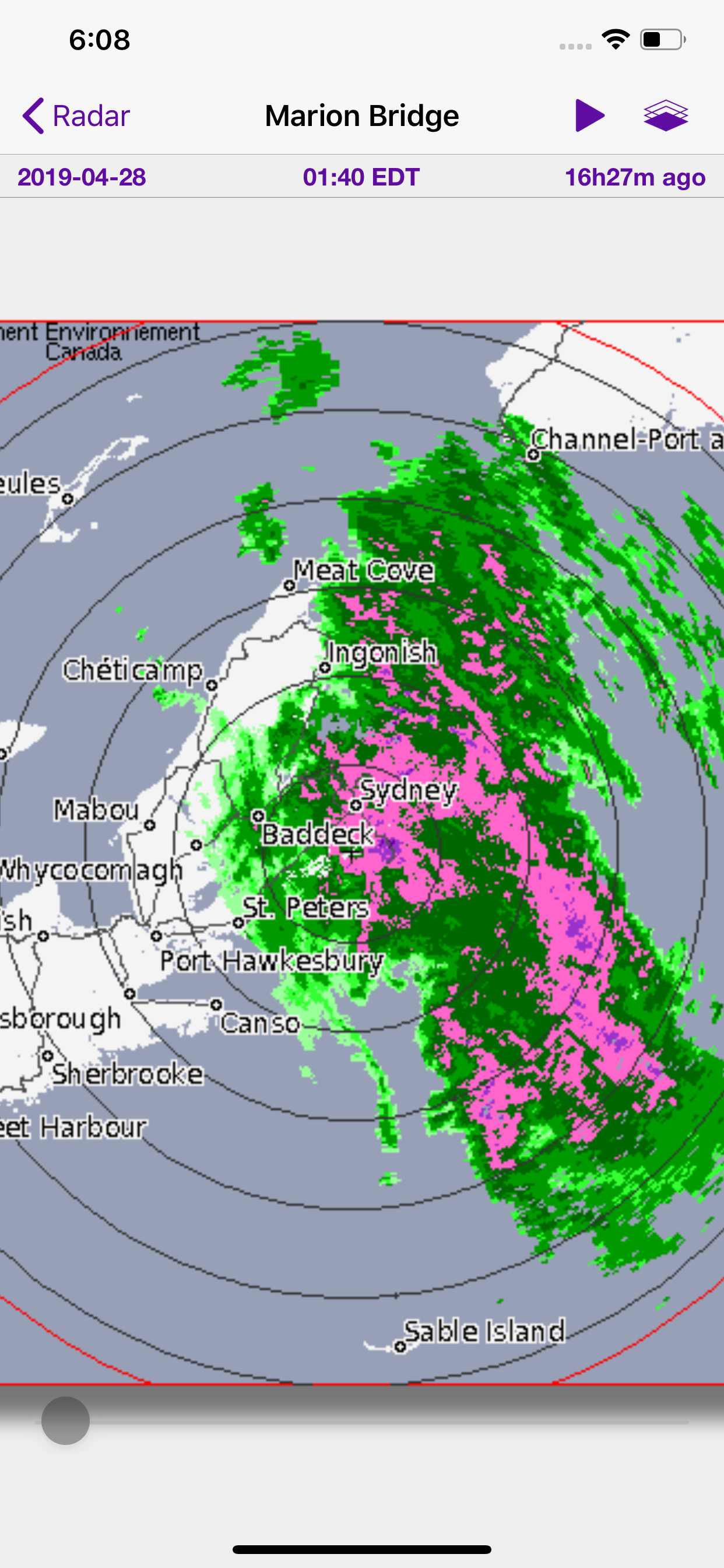 Marion Bridge radar with dual-polarization precipitation display