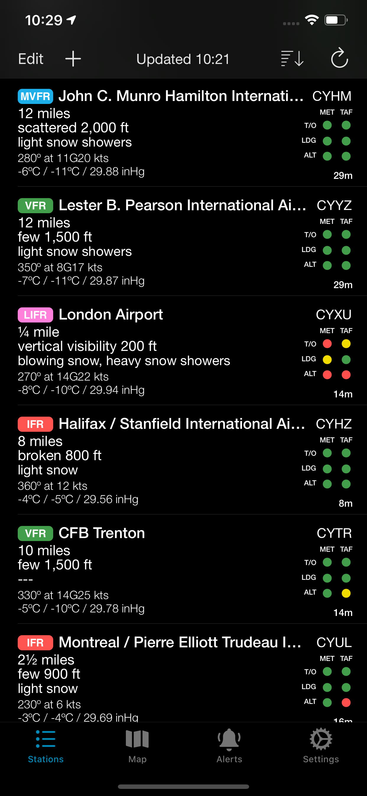 Station list showing airport weather conditions with go/no-go indicators