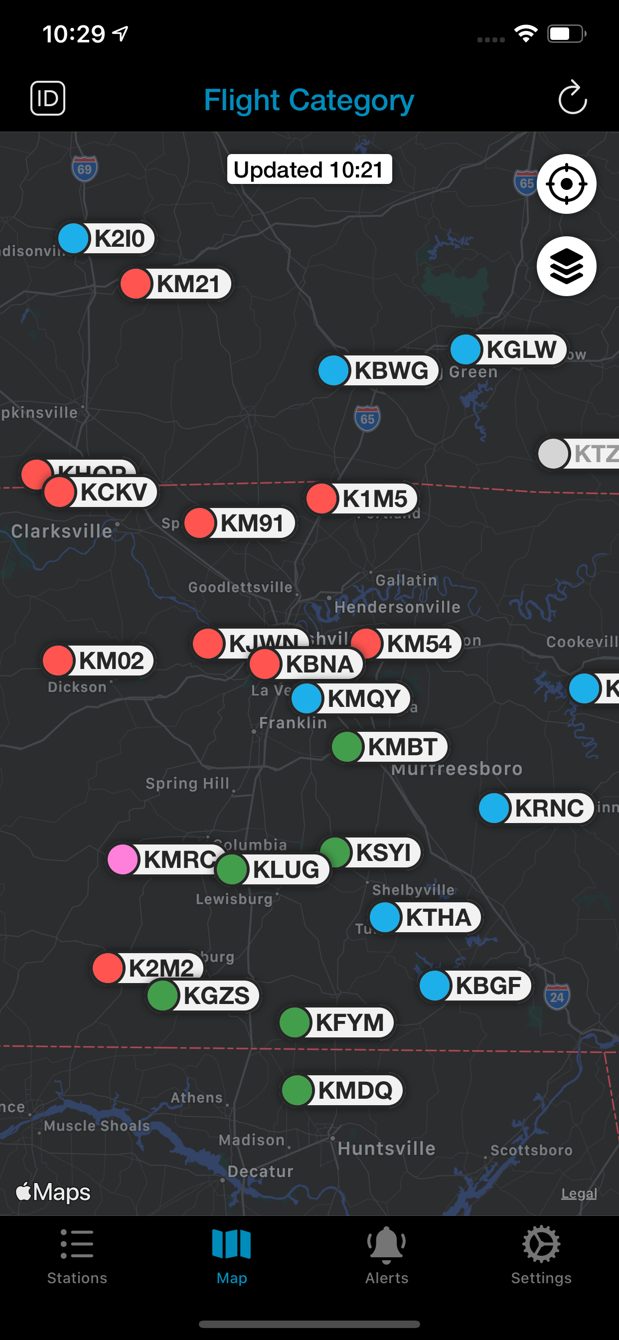 Flight category map with colour-coded airport dots across a region