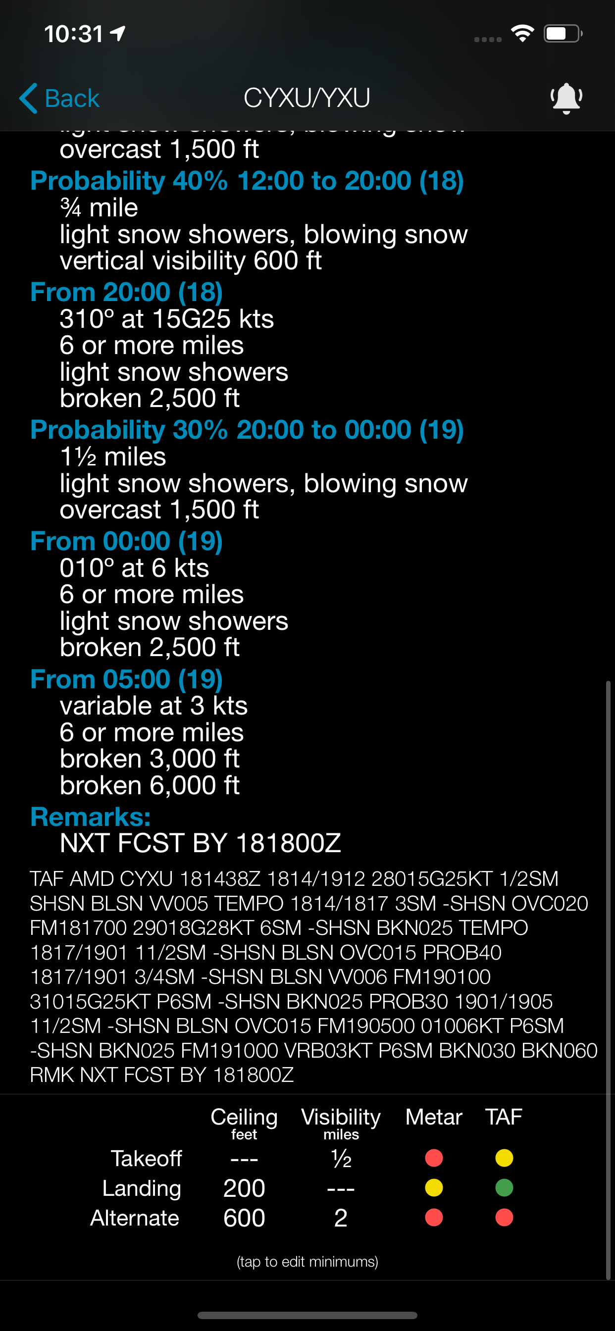 TAF detail view with full forecast text and minimums analysis