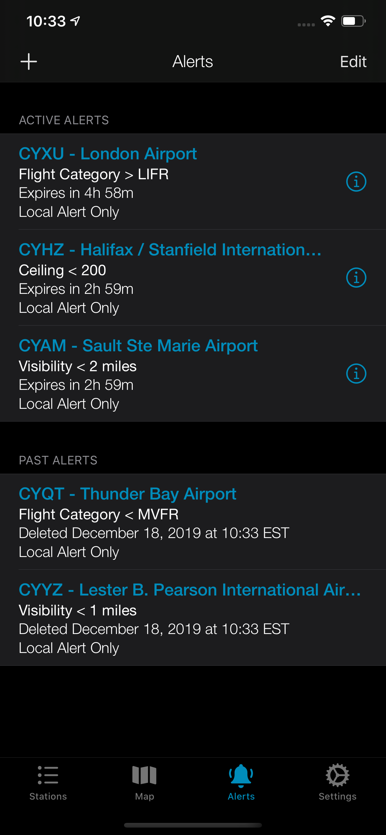 Alerts list showing active and past weather alerts