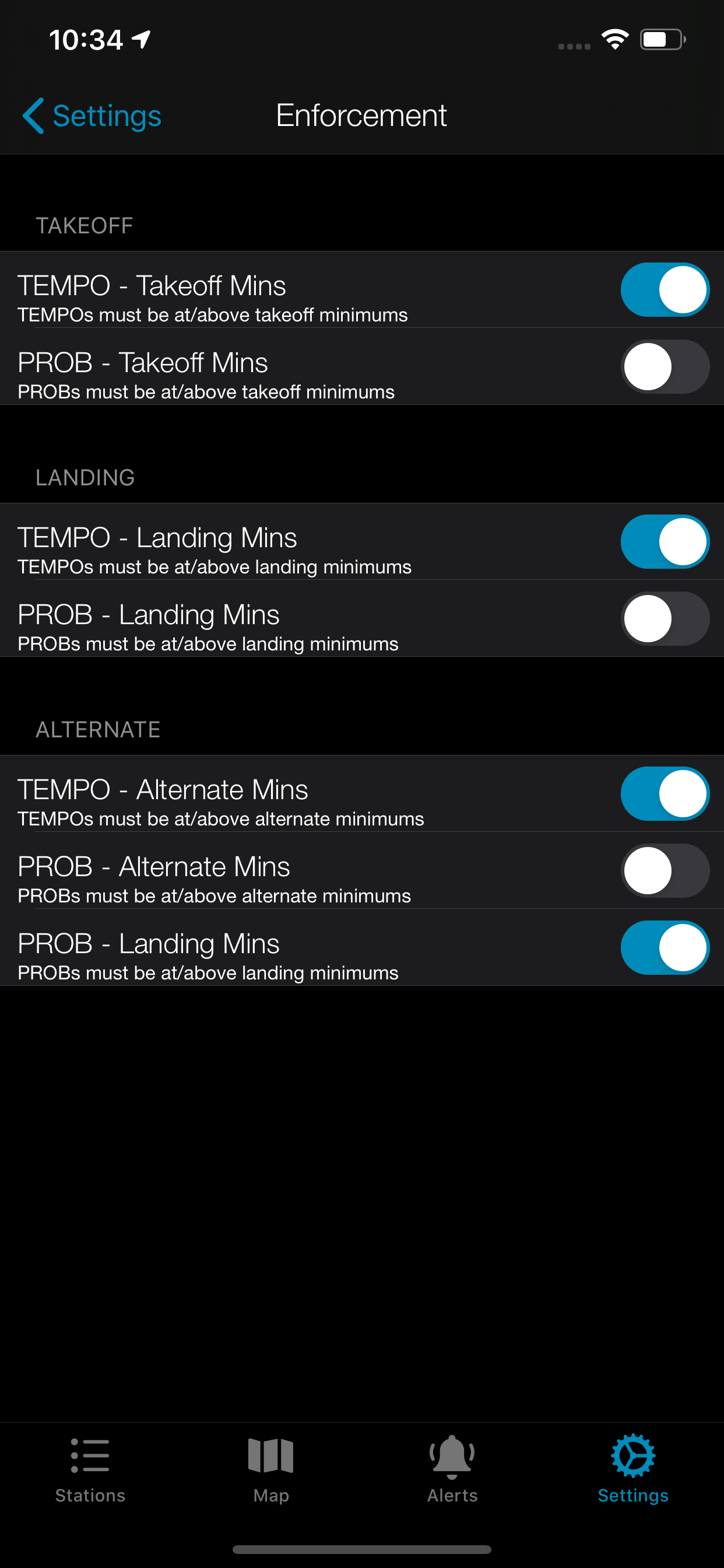 Enforcement settings for TEMPO and PROB minimums