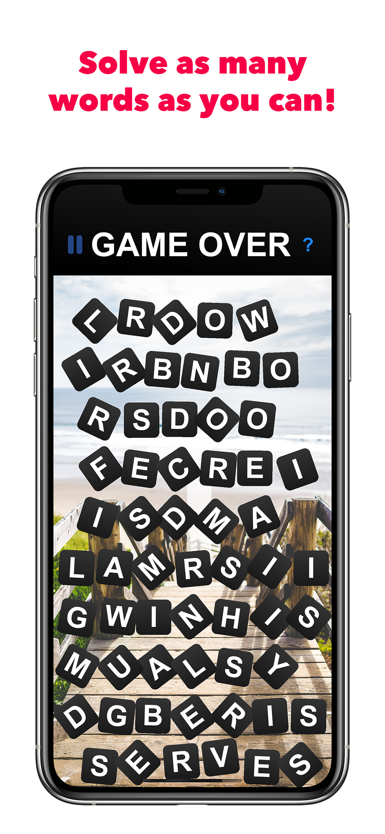 Game over screen with tumbling letter tiles